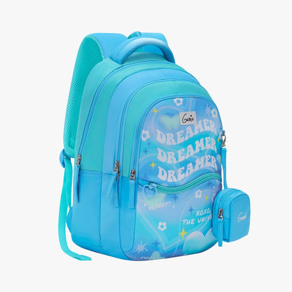 Genie Dreamer Backpack for Girls, 17" Cute, Colourful Bags, Water Resistant and Lightweight, 3 Compartment with Happy Pouch, 27 Liters, Nylon Twill