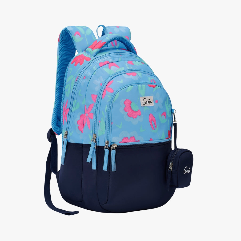 Genie Violet Backpack for Girls, 17" Cute, Colourful Bags, Water Resistant and Lightweight, 3 Compartment with Happy Pouch, 27 Liters, Nylon