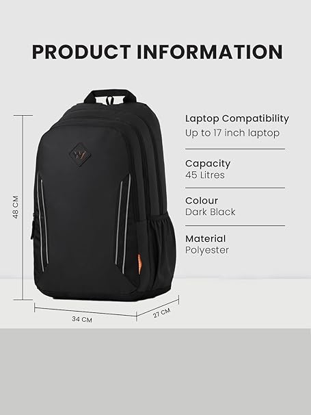 Wildcraft 3 Compartments Dark Edition 45 L PBP Backpack, Black