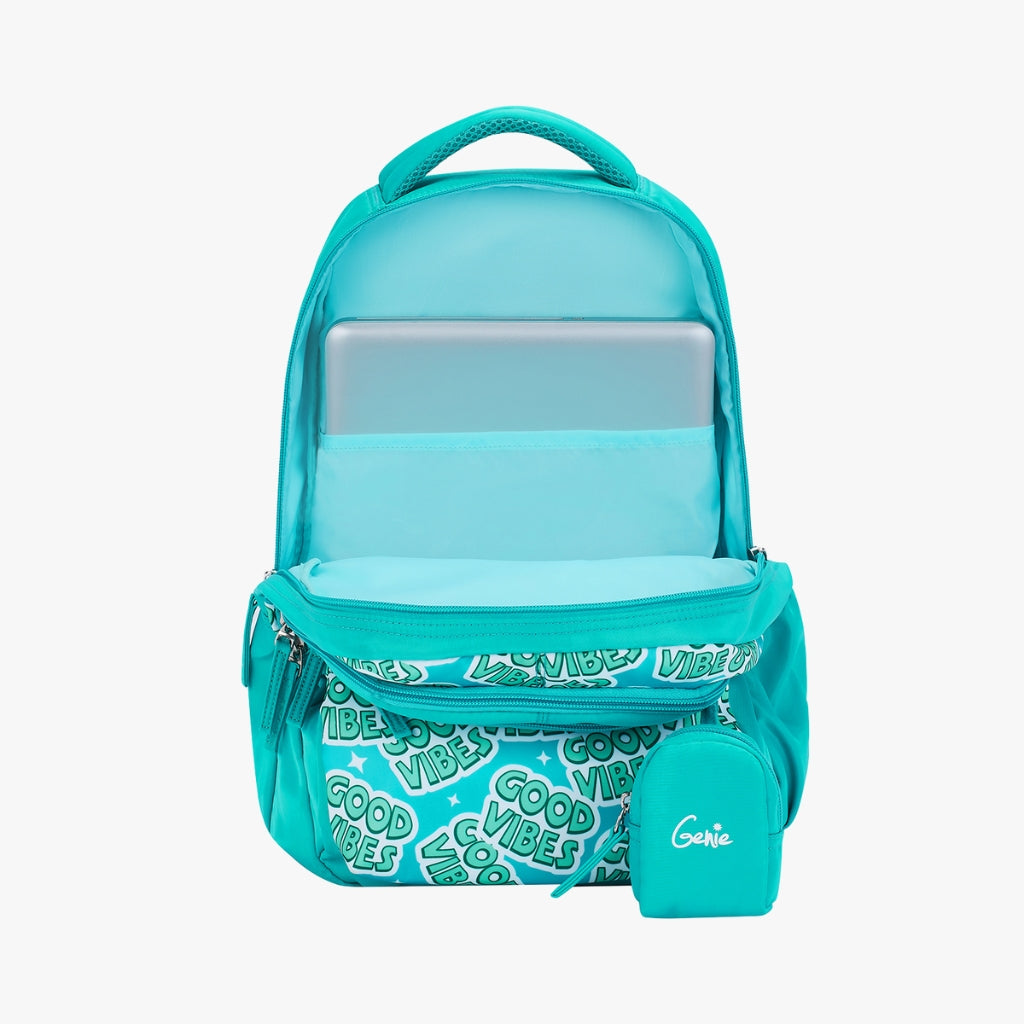 Genie Vibes Backpack for Girls, 17" Cute, Colourful Bags, Water Resistant and Lightweight, 3 Compartment with Happy Pouch, 27 Liters, Nylon Twill