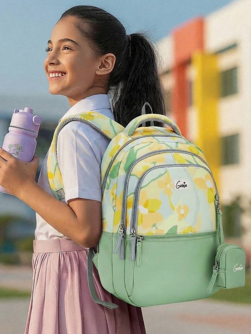 Genie 27 L Sunflora School Backpack For Girls |17 Inch - Ash Green