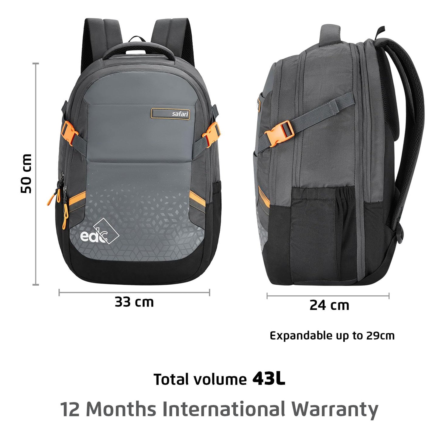 Safari 43L Expand 14 Expandable Laptop Bag with Armor Base, Raincover, 3 Compartments, Large Size Travel Bag