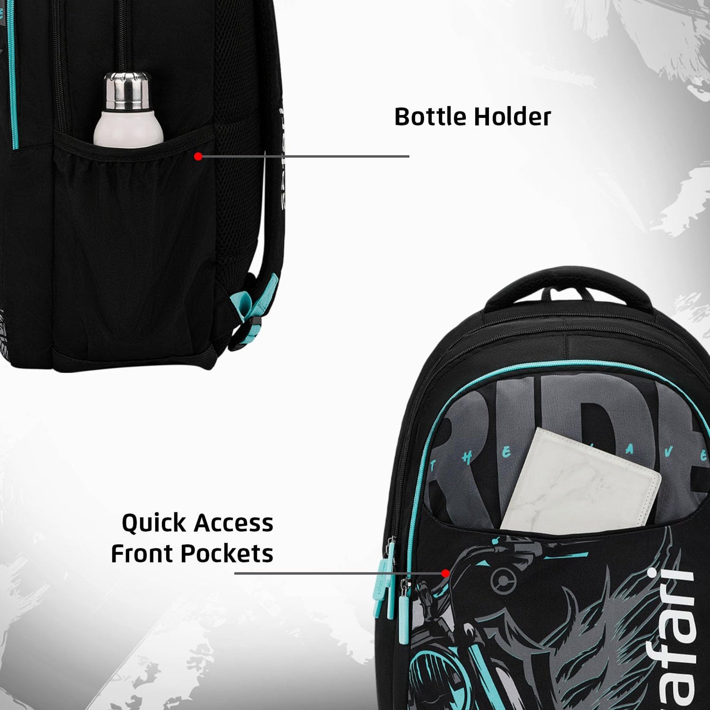 Safari 37L Triplex 2 Casual Backpack with Armor Base, Bottle Holder Printed School Bag for Boys and Girls, College Backpack, Office Bag, Travel Bag