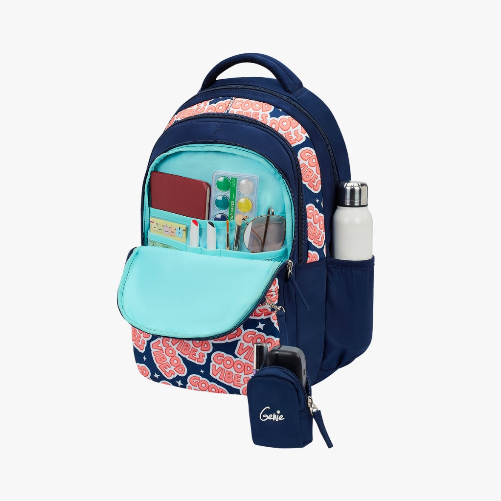 Genie Vibes Backpack for Girls, 17" Cute, Colourful Bags, Water Resistant and Lightweight, 3 Compartment with Happy Pouch, 27 Liters, Nylon Twill