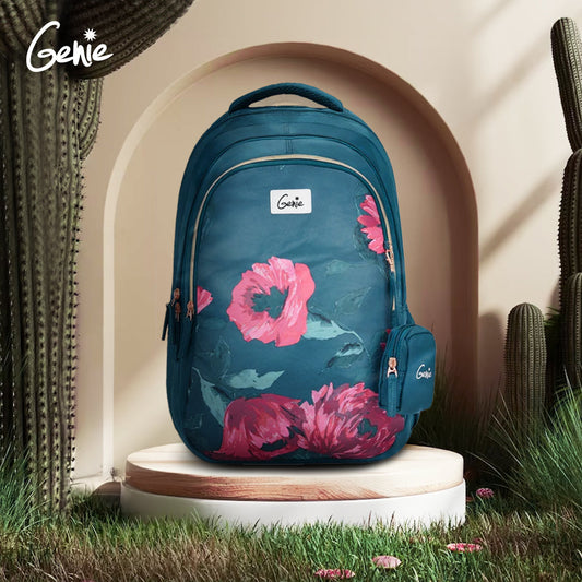 Genie Penny Backpack for Women, 19" Bags for Girls, Water Resistant and Lightweight, 3 Compartment Bag with Happy Pouch, 36 Liters, Nylon Twill