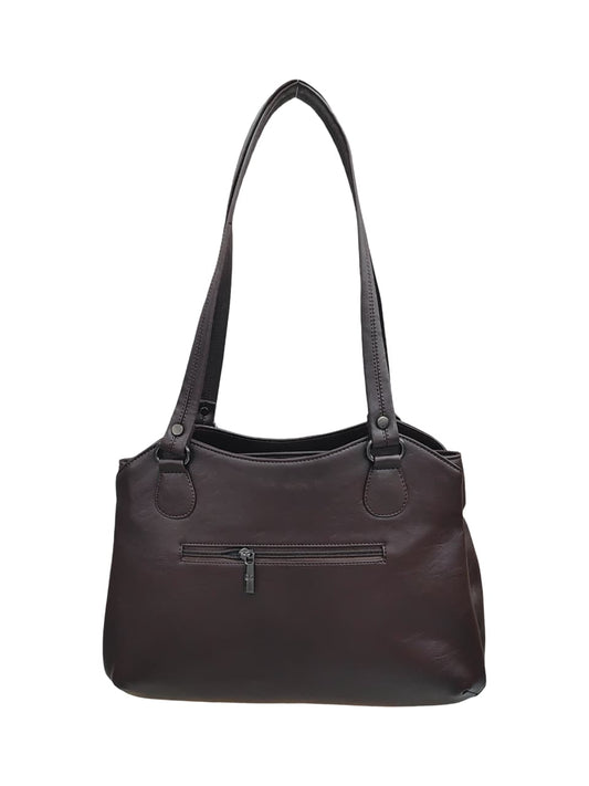 Dhariwal LAB-9917 Women’s Dark Brown Handbag – 3 Compartments with 2-in-1 Center Pocket, Back Chain Pocket, Twin Handles, Premium PU Leather-Dark Brown