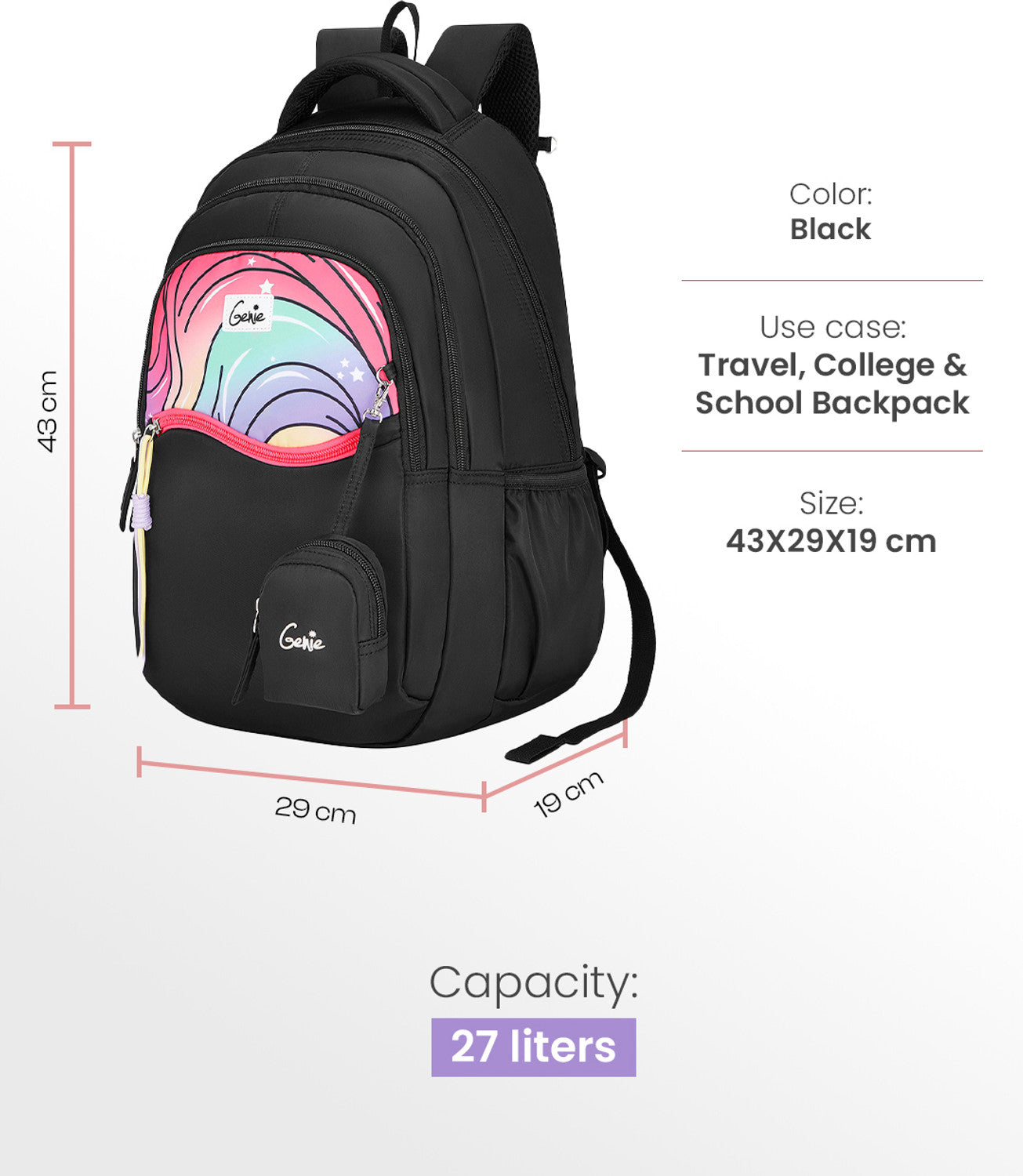 Genie Cluster School Backpack For Girls |17 Inch  27 L- Black