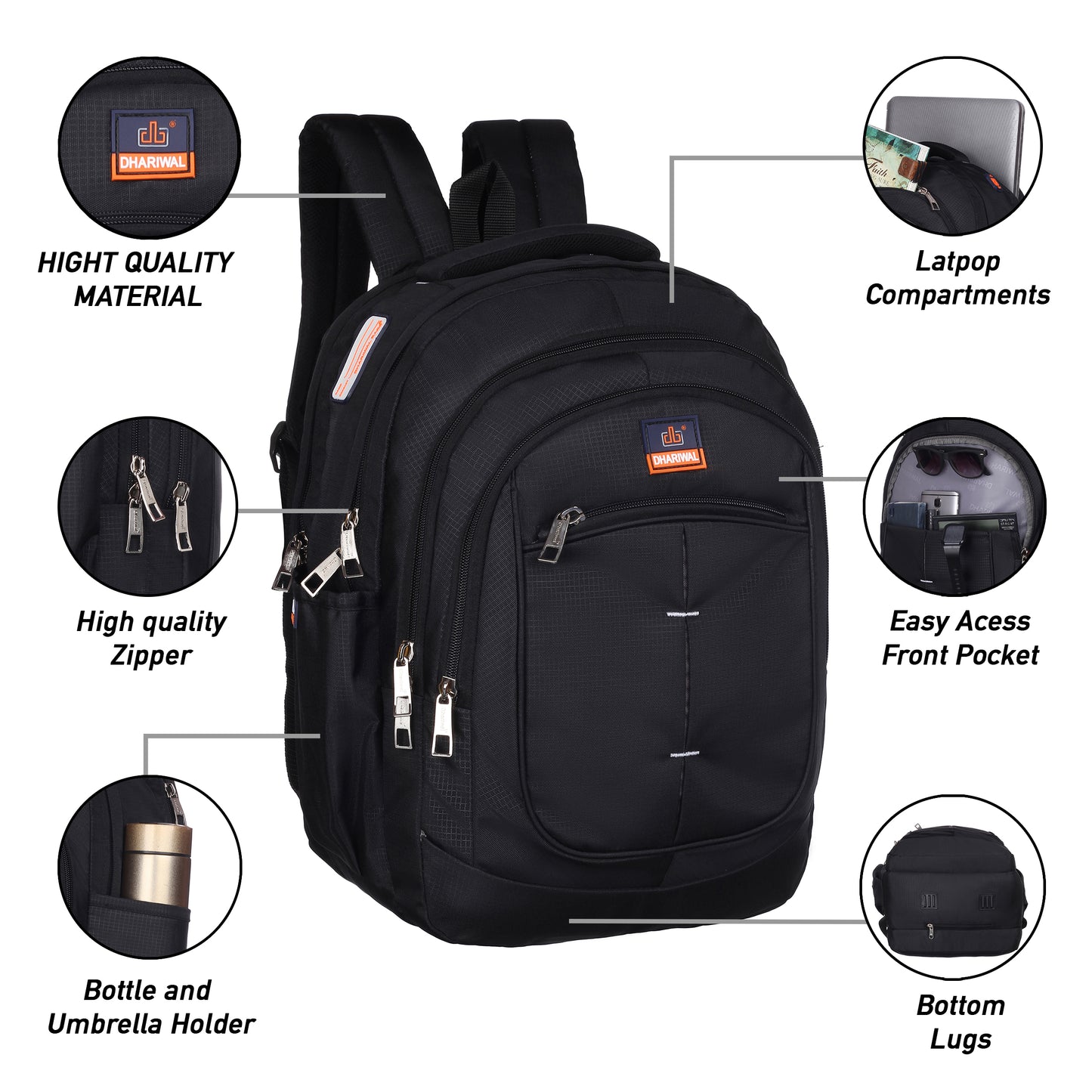 धारीवाल डुअल कम्पार्टमेंट बैकपैक रेन कवर के साथ 41L BP-227