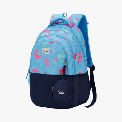 Genie Violet Backpack for Girls, 17" Cute, Colourful Bags, Water Resistant and Lightweight, 3 Compartment with Happy Pouch, 27 Liters, Nylon