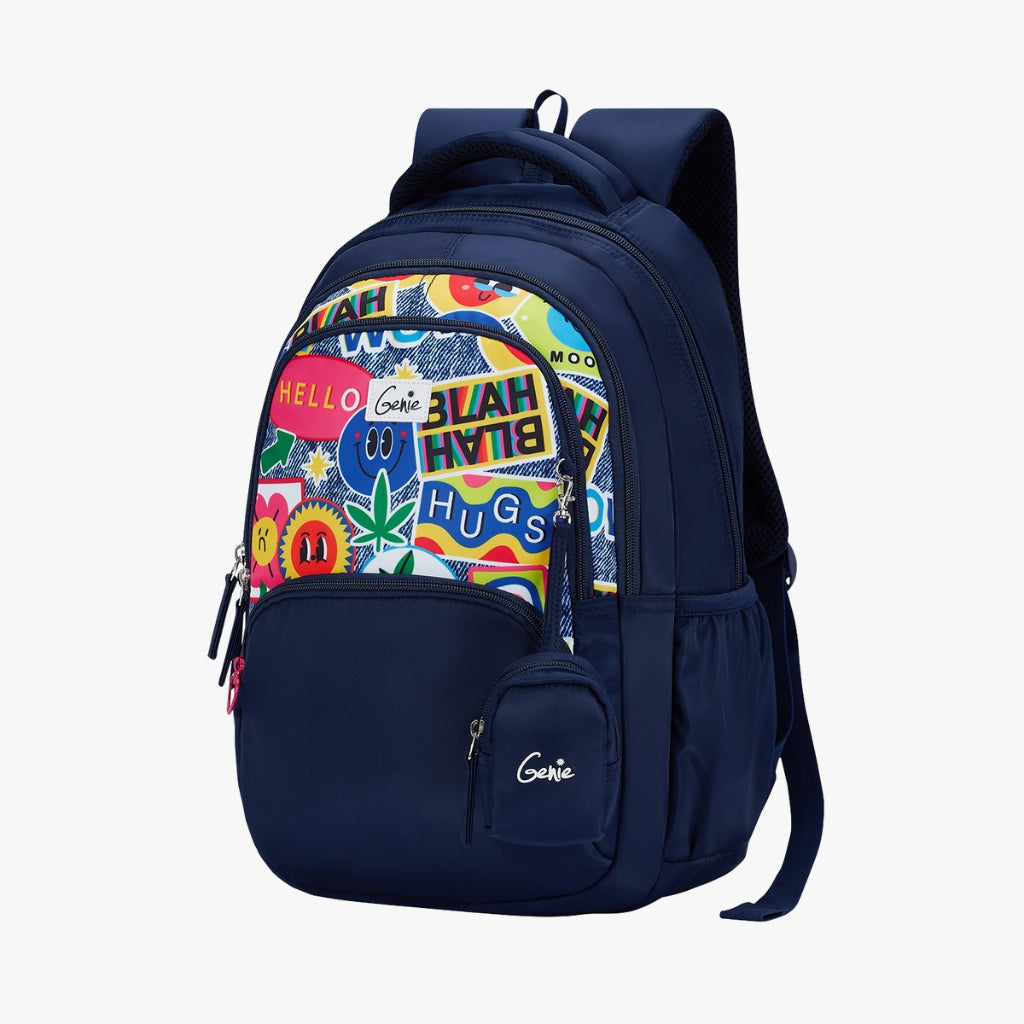 Genie Sweetpea Backpack for Girls, 17" Cute, Colourful Bags, Water Resistant and Lightweight, 3 Compartment with Happy Pouch, 27 Liters, Nylon Twill, Navy Blue