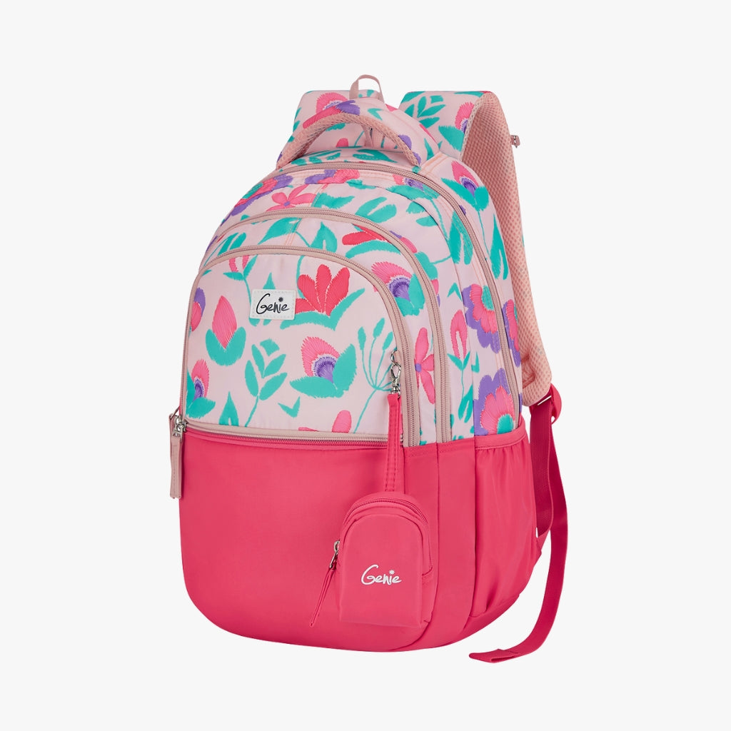 Genie Violet Backpack for Girls, 17" Cute, Colourful Bags, Water Resistant and Lightweight, 3 Compartment with Happy Pouch, 27 Liters, Nylon