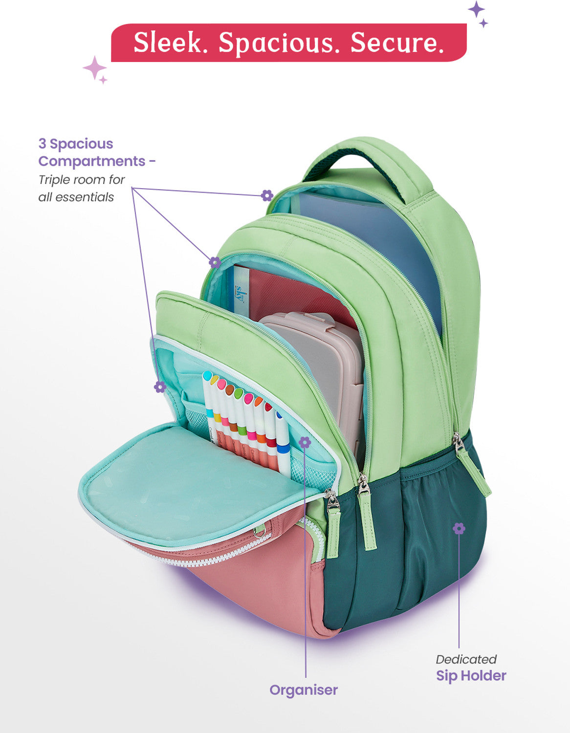 Genie 27 L Razzle School Backpack For Girls |17 Inch - Green