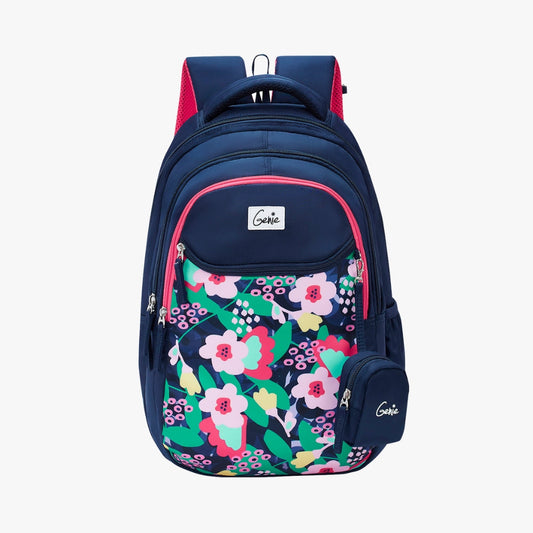 Genie Sweetpea Backpack for Girls, 17" Cute, Colourful Bags, Water Resistant and Lightweight, 3 Compartment with Happy Pouch, 27 Liters, Nylon Twill, Navy Blue