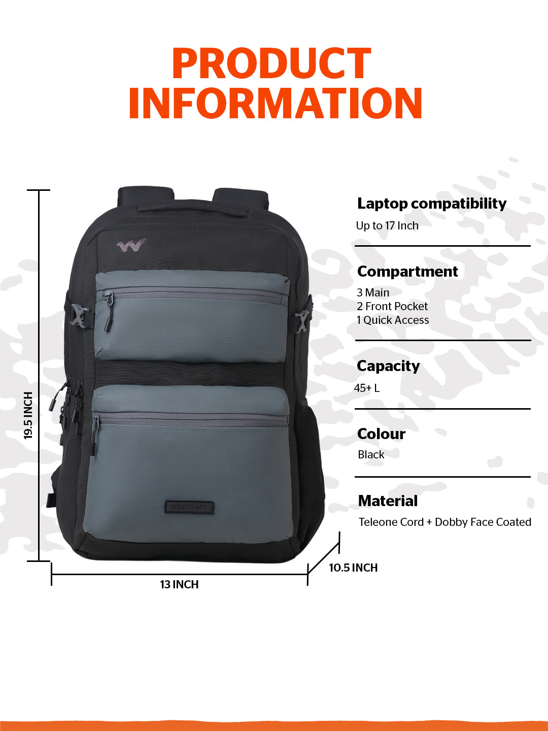 Wildcraft Ranger 45+ L Laptop Backpack With RainCover for Men & Women