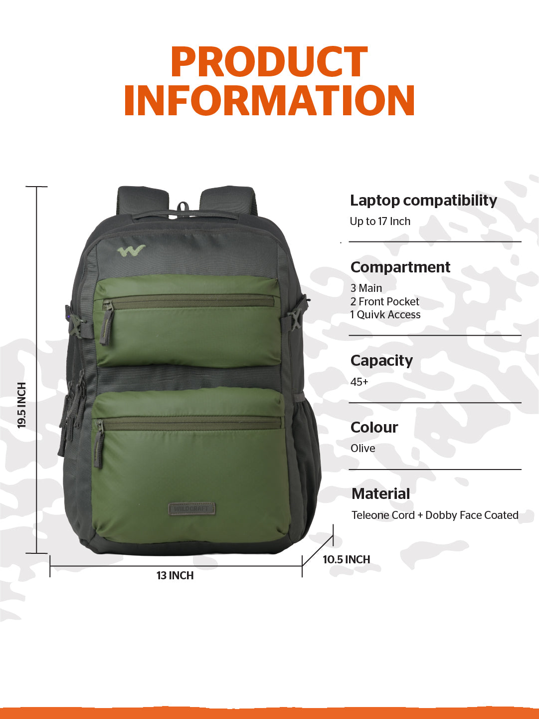 Wildcraft Ranger 45+ L Laptop Backpack With RainCover for Men & Women
