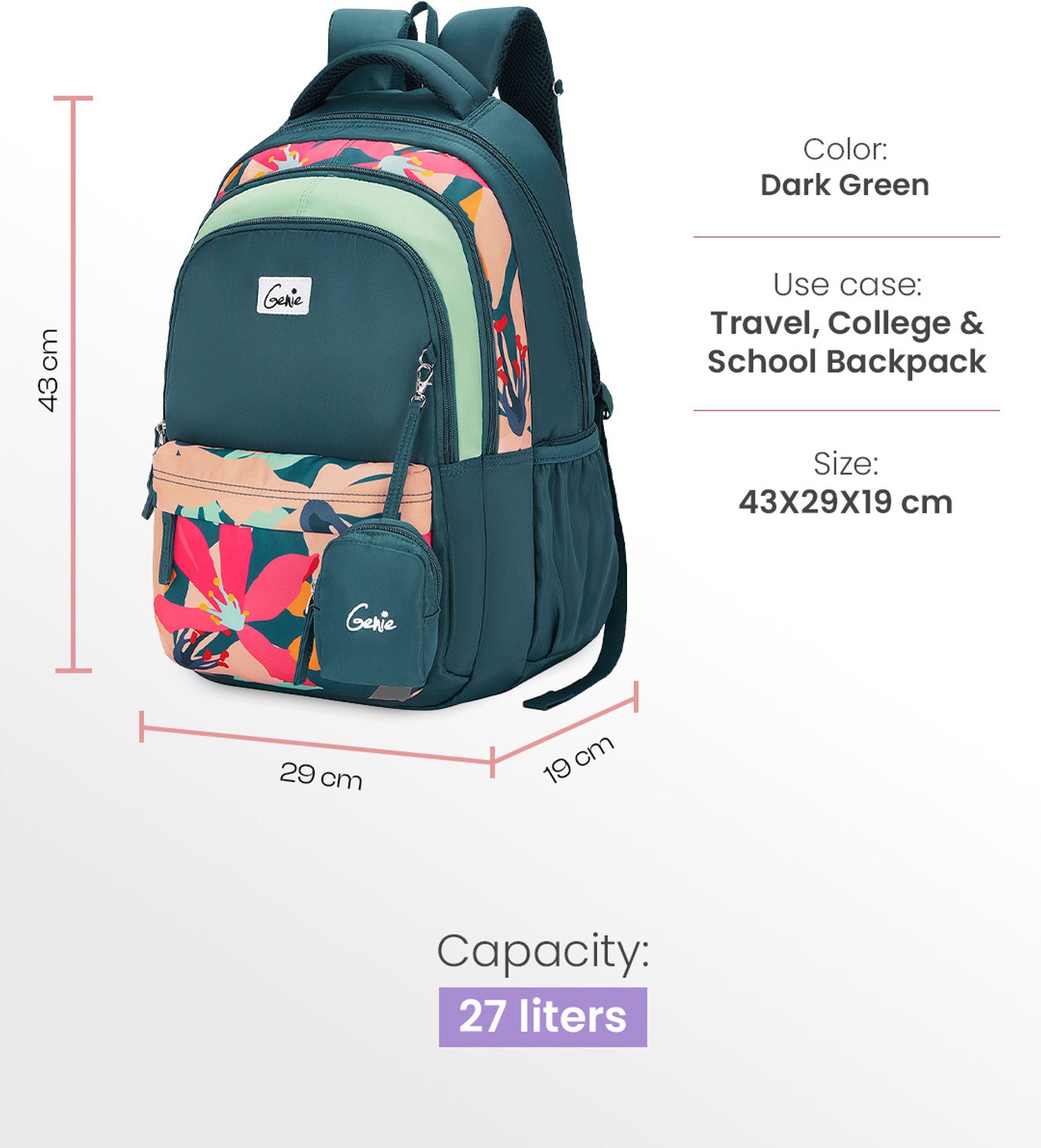 Genie Auralis School Backpack For Girls |17 Inch 27 L- Dark Green
