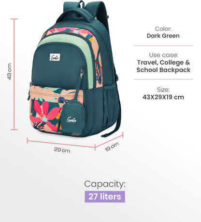 Genie Auralis School Backpack For Girls |17 Inch 27 L- Dark Green