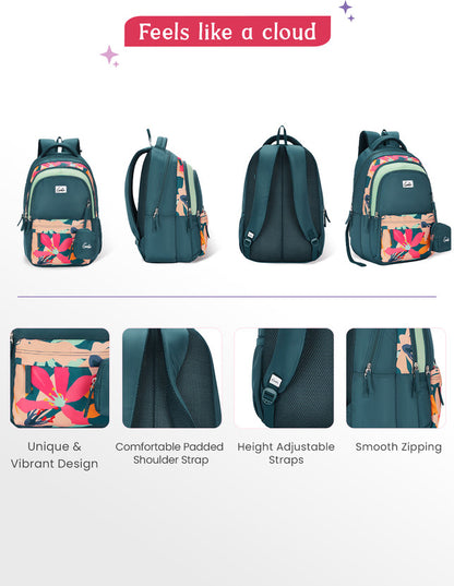 Genie Auralis School Backpack For Girls |17 Inch 27 L- Dark Green