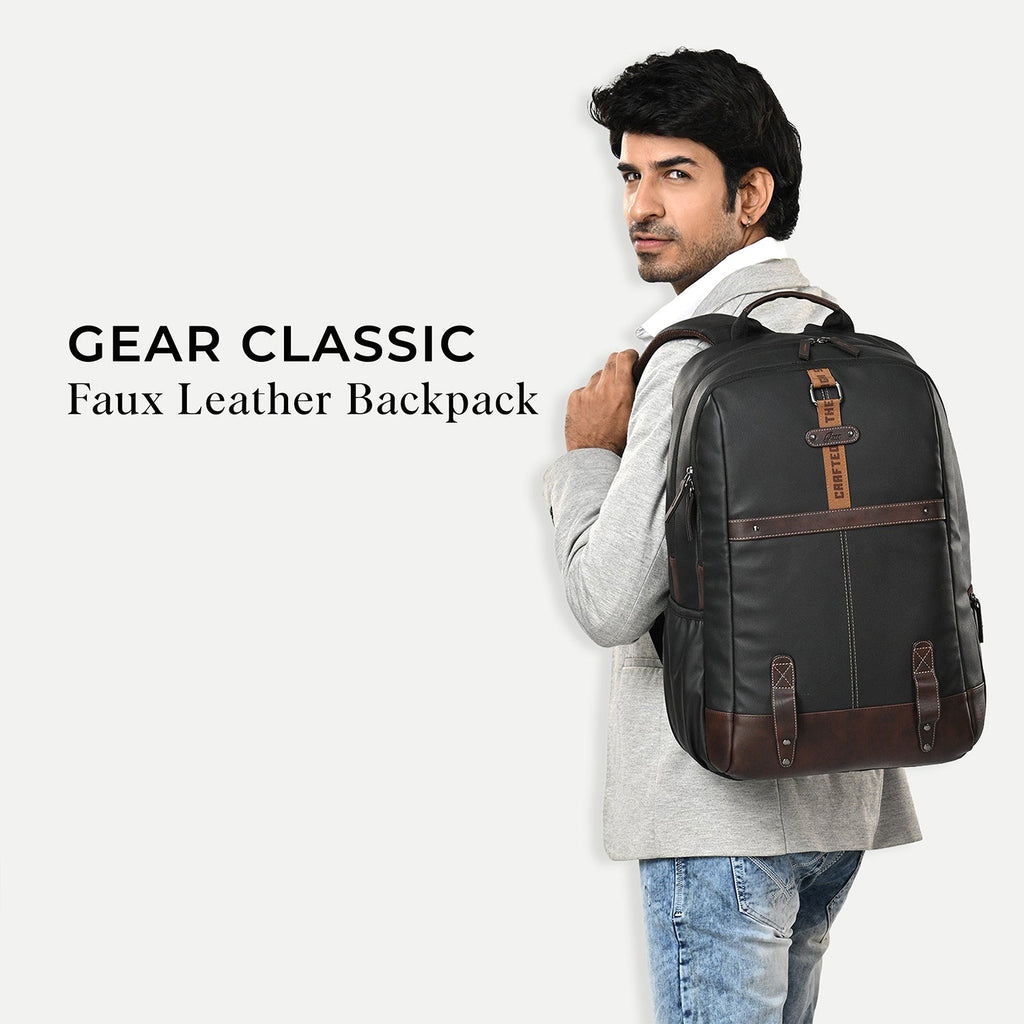 Gear Classic 4 19"/31L Medium Faux Leather Anti Theft Laptop Backpack | Casual | Travel | College Bag For Men/Women