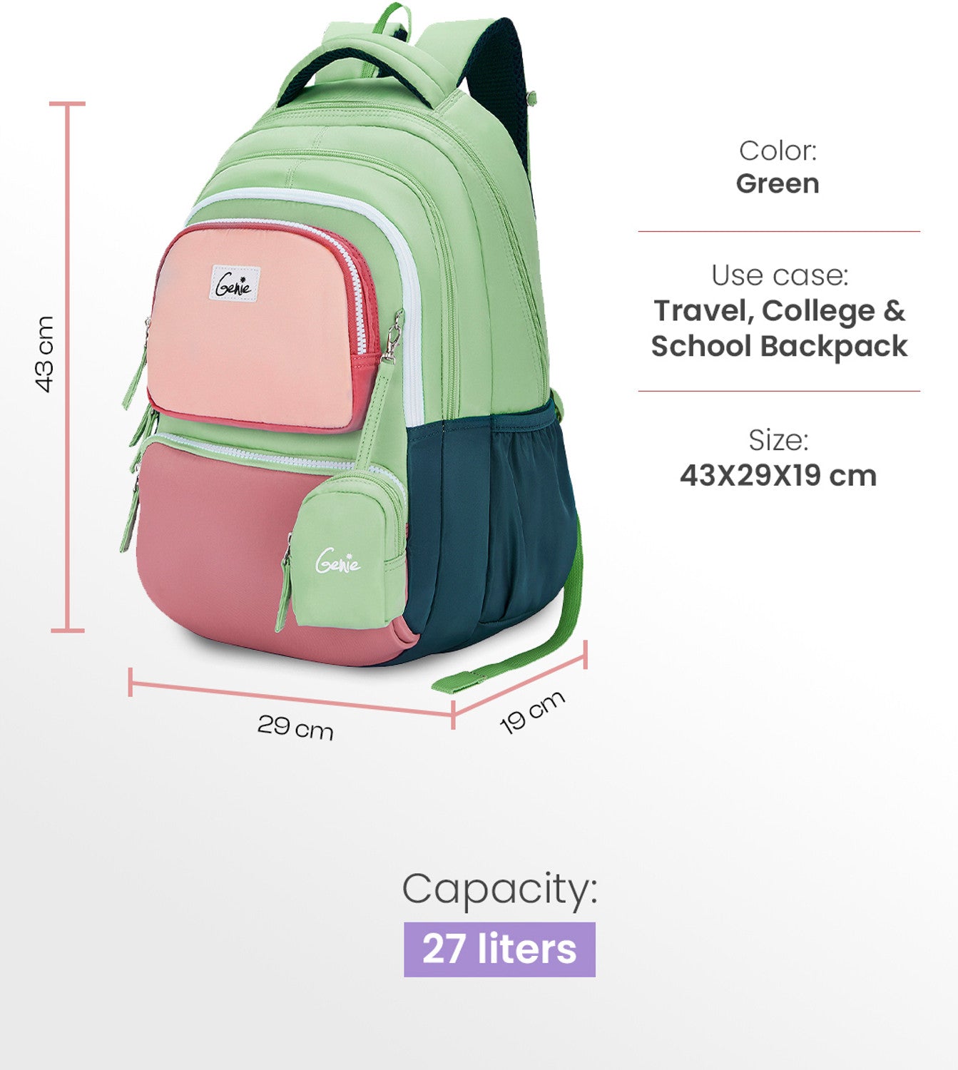 Genie 27 L Razzle School Backpack For Girls |17 Inch - Green