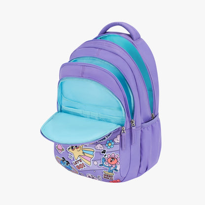 Genie Pearl Backpack for Girls, 17" Cute, Colourful Bags, Water Resistant and Lightweight, 3 Compartment with Happy Pouch, 27 Liters, Nylon Twill, Purple