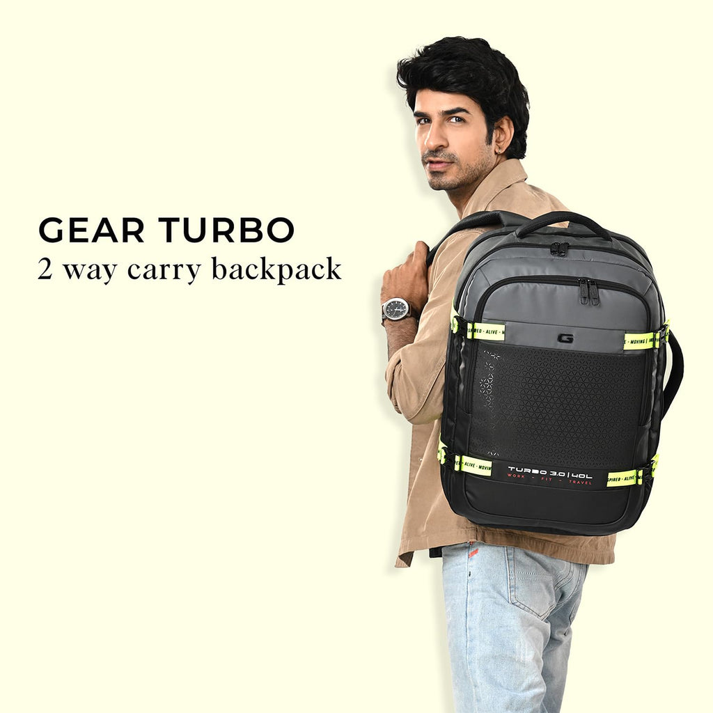 Gear Turbo 3 19"/40L Anti Theft Laptop Backpack with Raincover | Laptop backpack | Travel Backpack | College Bag For Men/Women (Black - Grey)