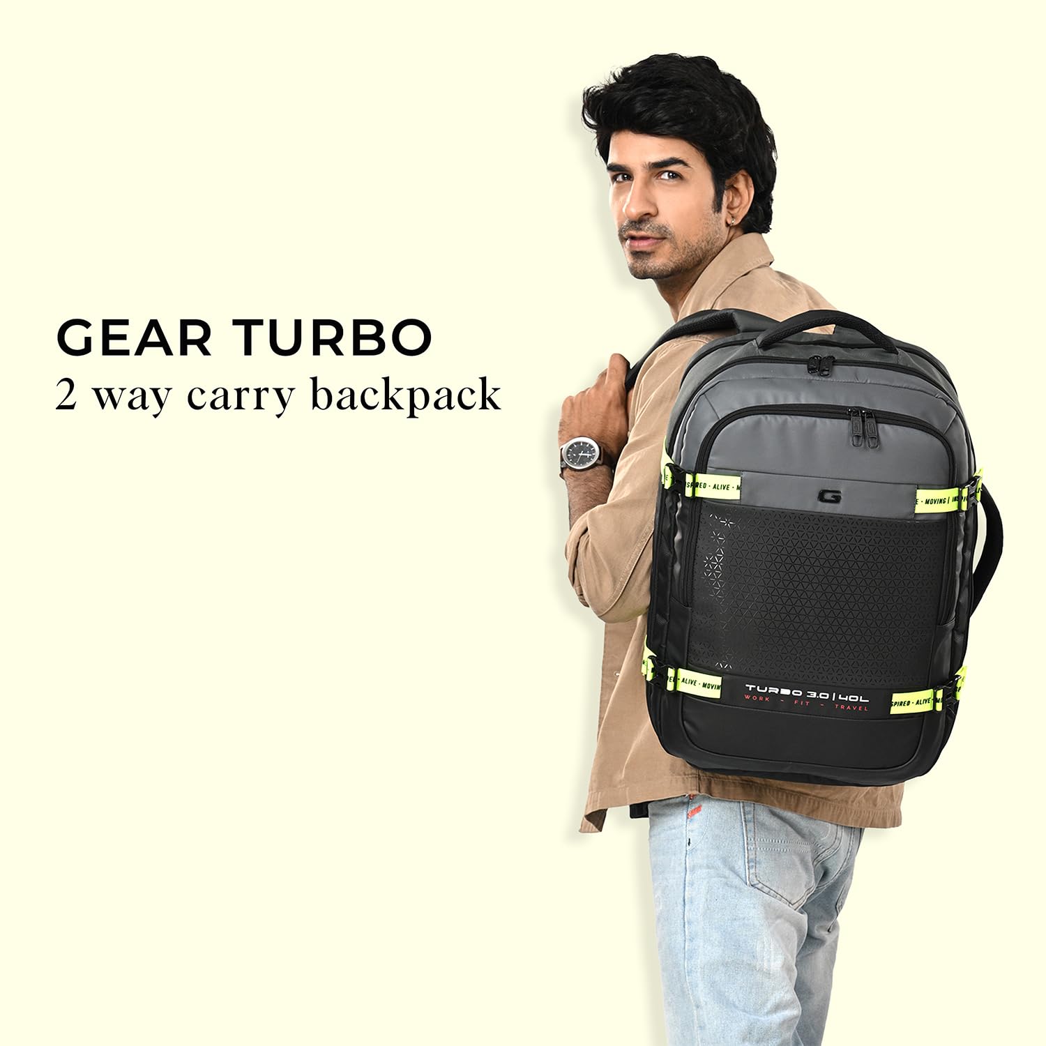 Gear Turbo 3 19"/40L Anti Theft Laptop Backpack with Raincover | Laptop backpack | Travel Backpack | College Bag For Men/Women (Black - Grey)