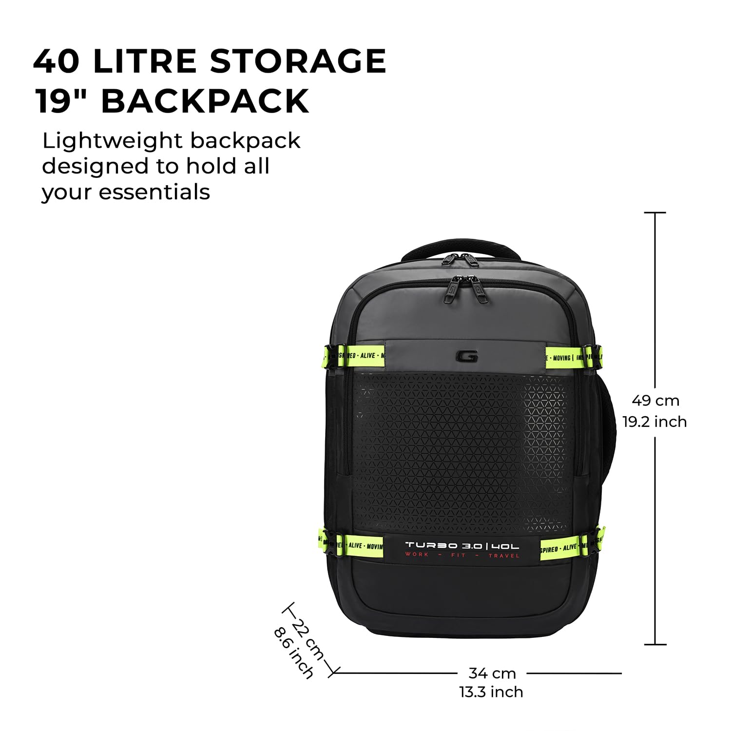 Gear Turbo 3 19"/40L Anti Theft Laptop Backpack with Raincover | Laptop backpack | Travel Backpack | College Bag For Men/Women (Black - Grey)