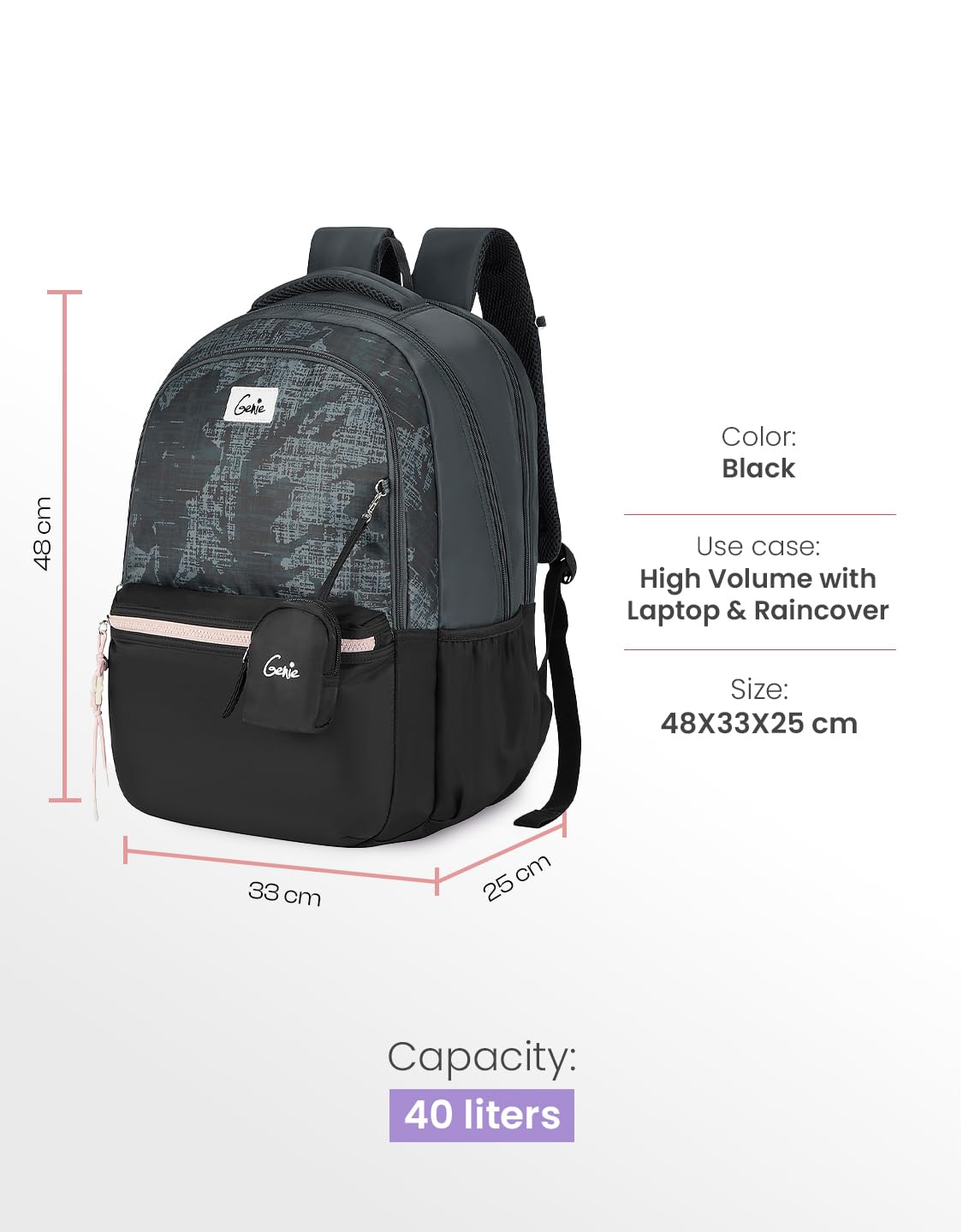 Genie Nora Backpack For Girls |19 Inch-40 Litres