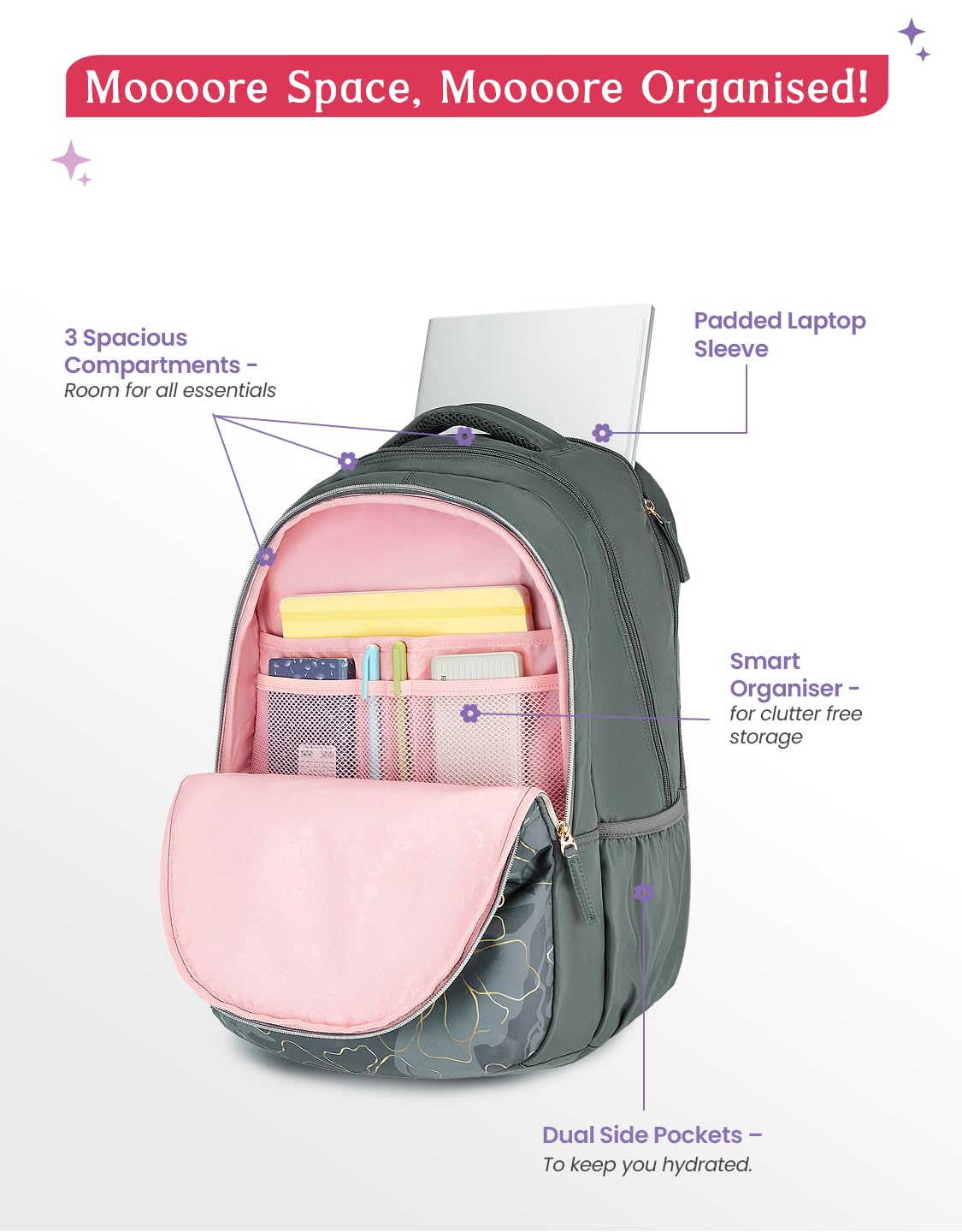 Genie 40 L Marilit Laptop  School Backpack For Girls |19 Inch - Grey