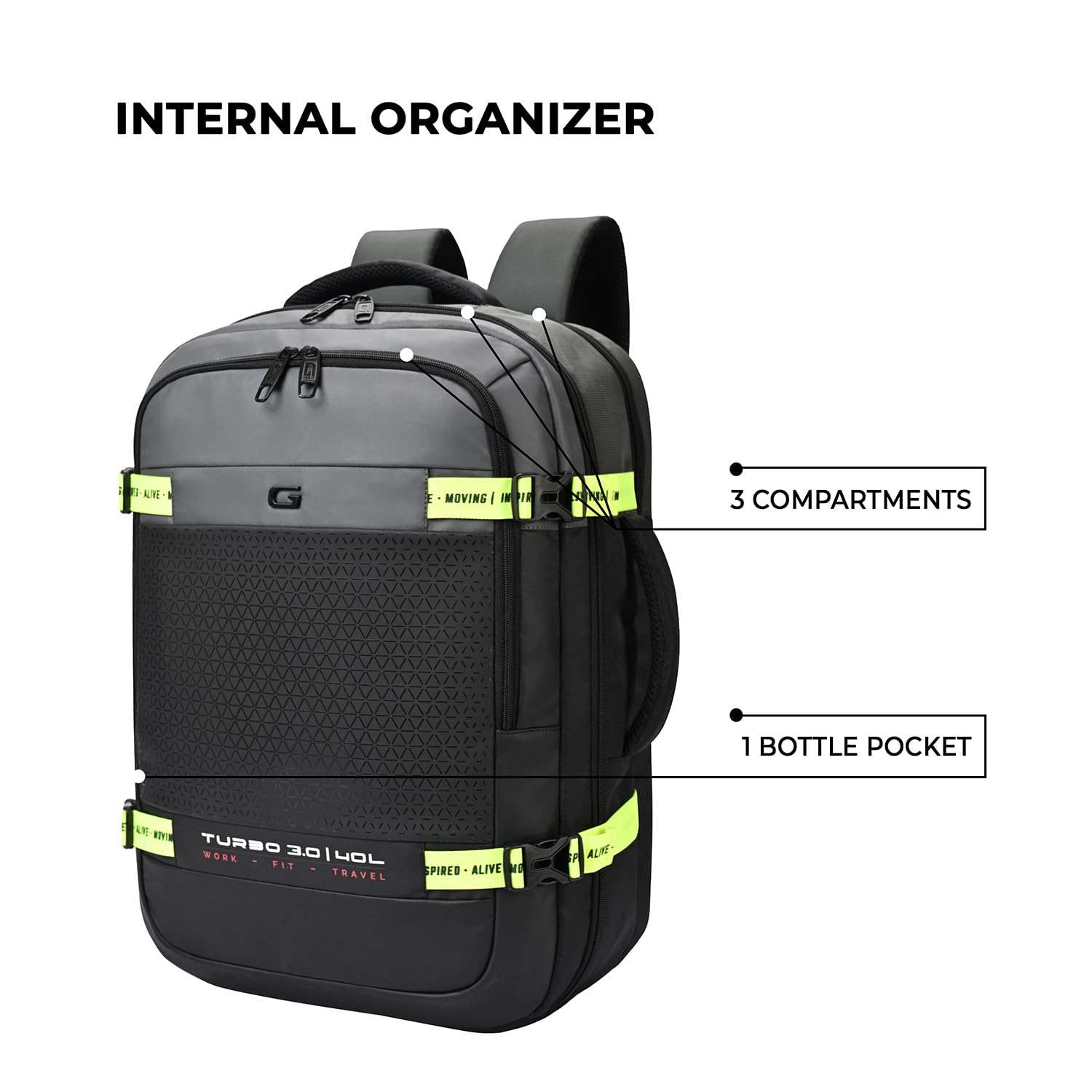 Gear Turbo 3 19"/40L Anti Theft Laptop Backpack with Raincover | Laptop backpack | Travel Backpack | College Bag For Men/Women (Black - Grey)