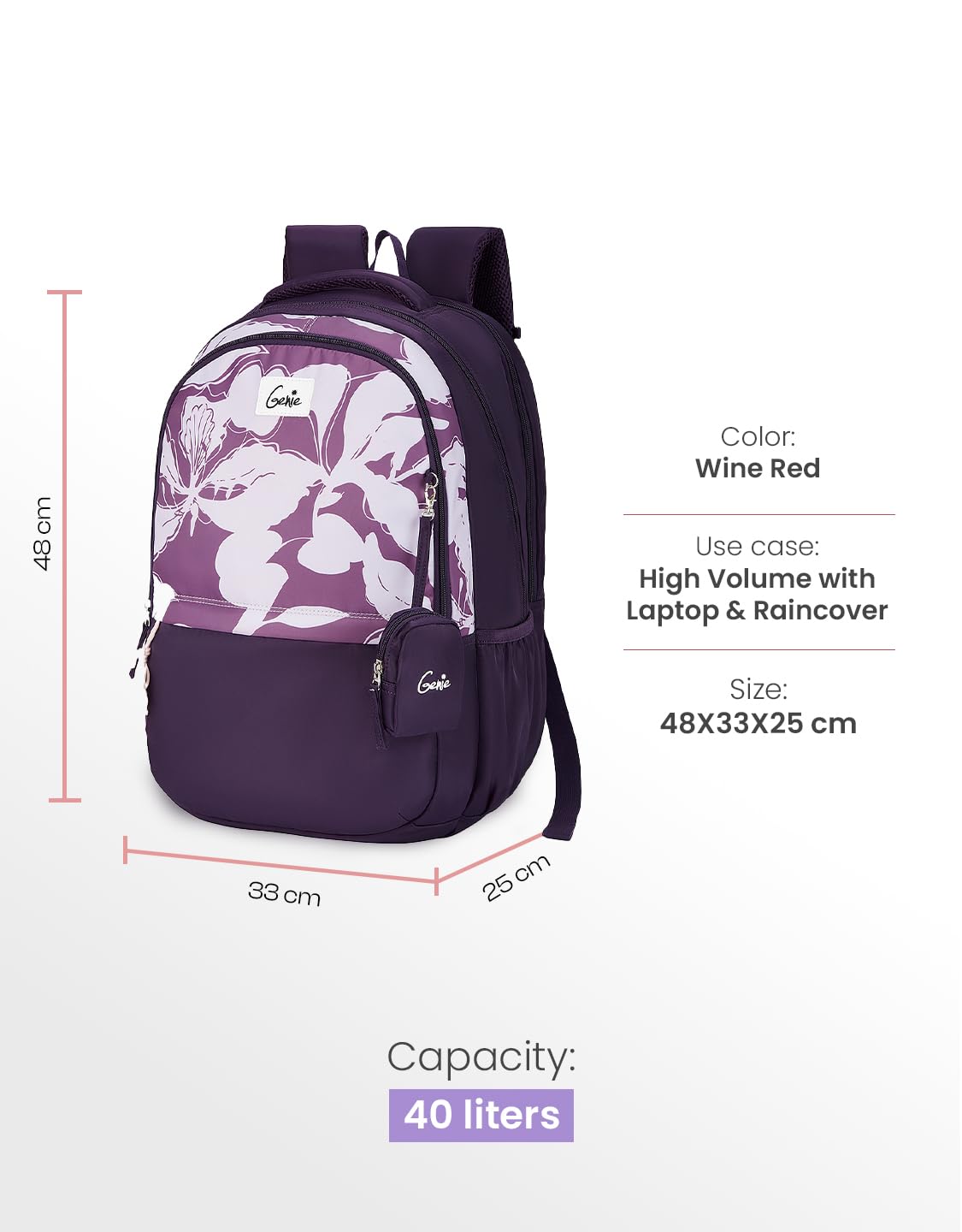 Genie Petone Backpack For Girls |19 Inch-40 Litres