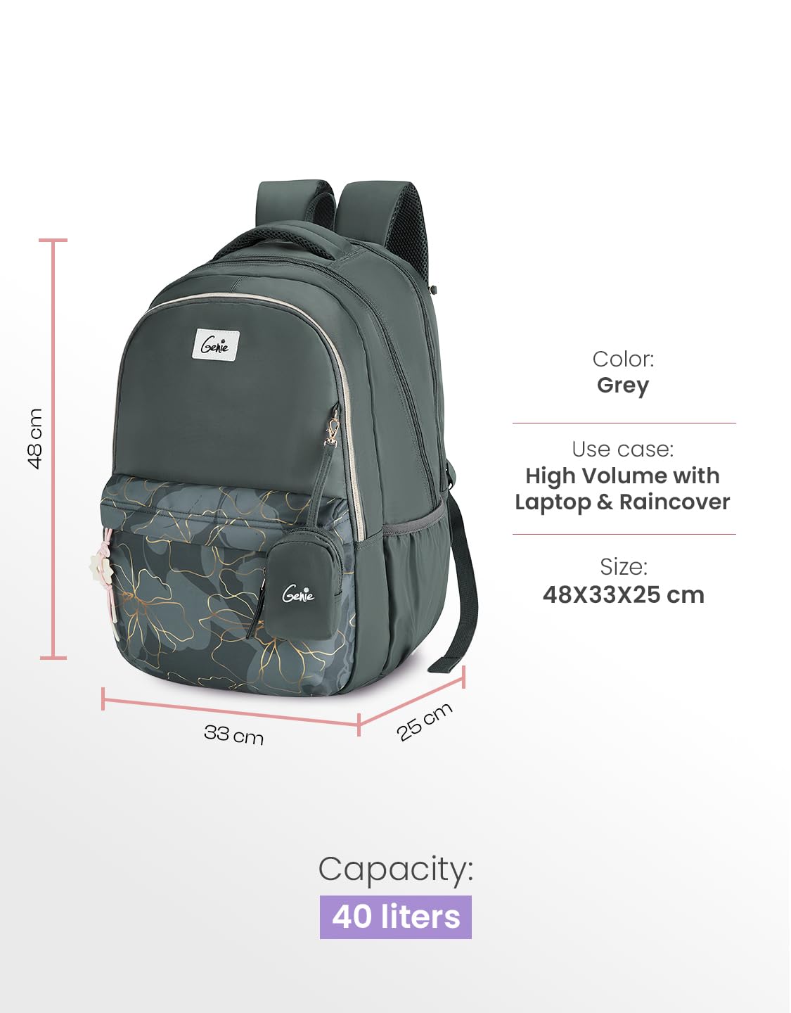 Genie 40 L Marilit Laptop  School Backpack For Girls |19 Inch - Grey