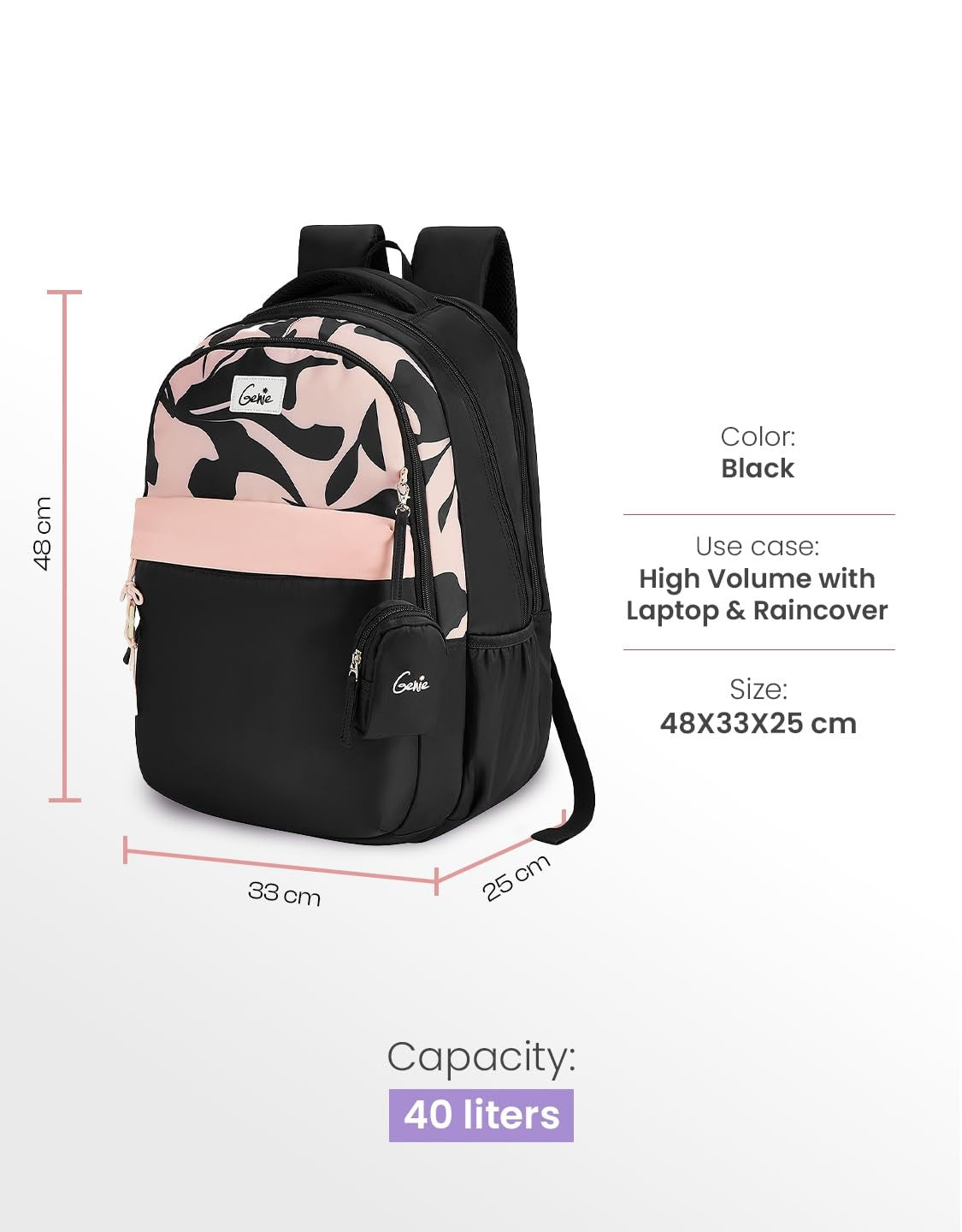 Genie Alba  40 L Laptop Backpack  For Girls |19 Inch - Black