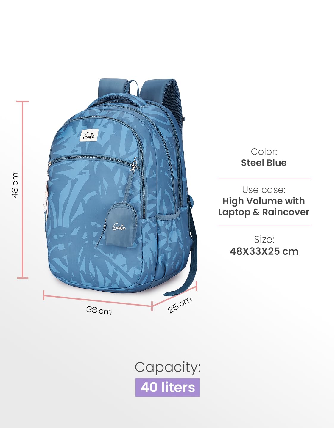 Genie Velora Backpack For Girls |19 Inch-40 Litres