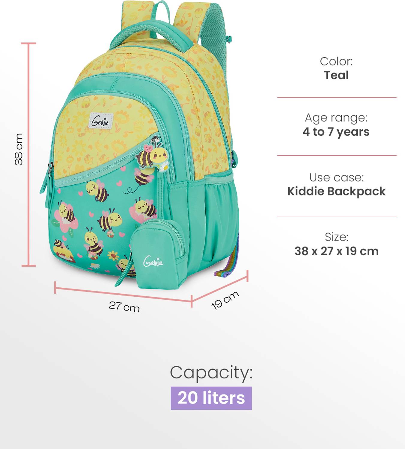 Genie 20 L Beehappy Backpack  For Girls |15 Inch - Teal (Multicolor)