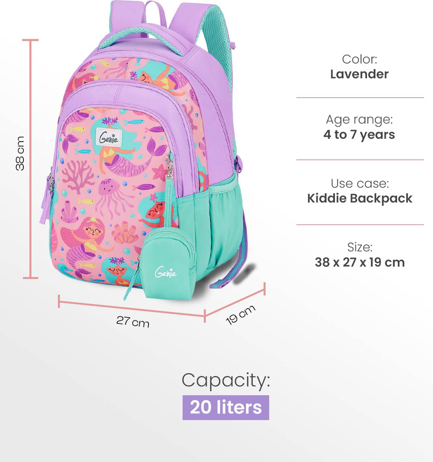 Genie 20 L Bubbles School Backpack Girls |15 Inch - Lavender