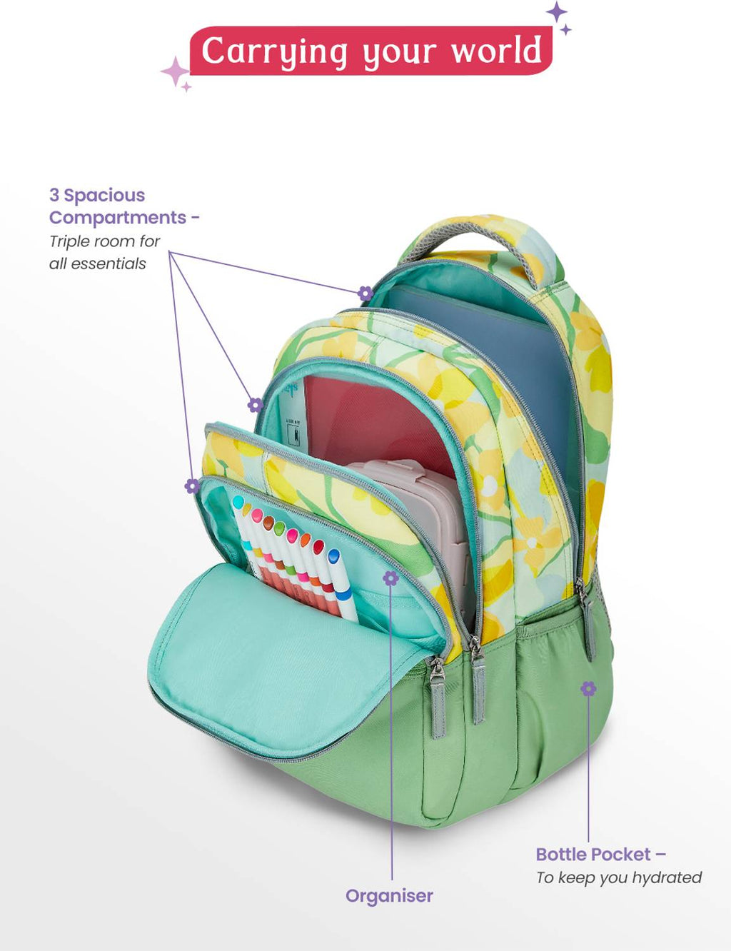 Genie 27 L Sunflora School Backpack For Girls |17 Inch - Ash Green