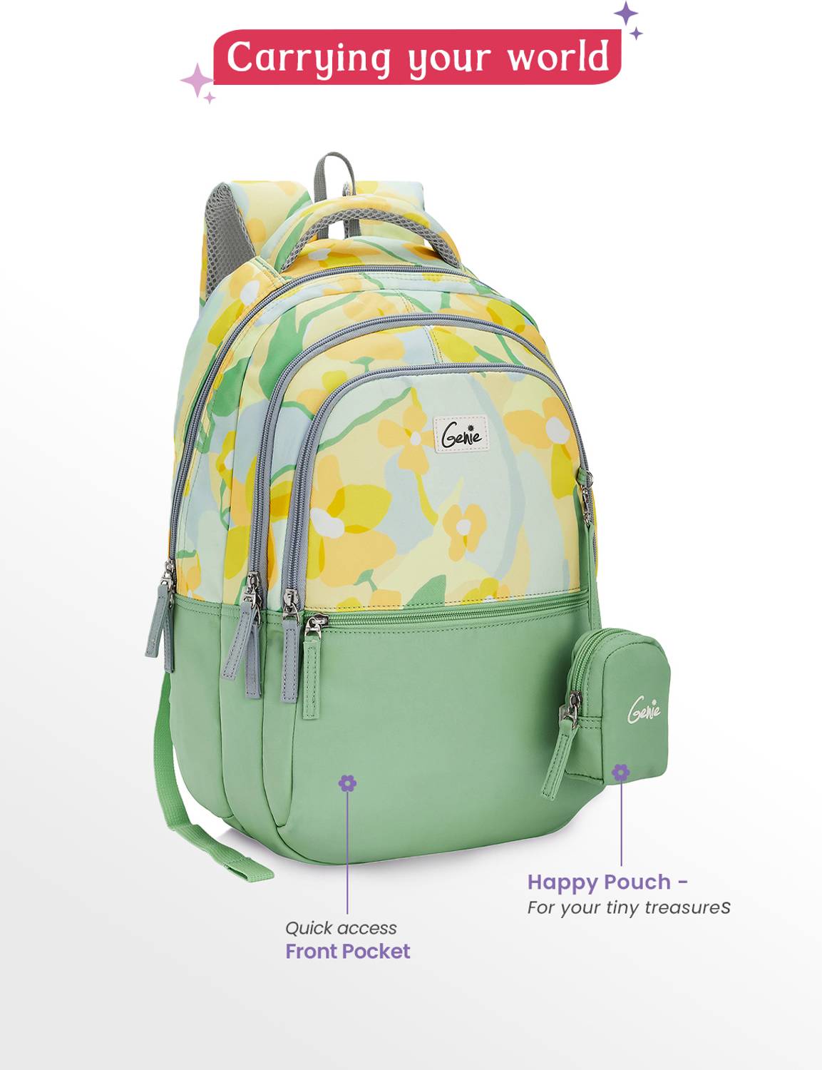 Genie 27 L Sunflora School Backpack For Girls |17 Inch - Ash Green