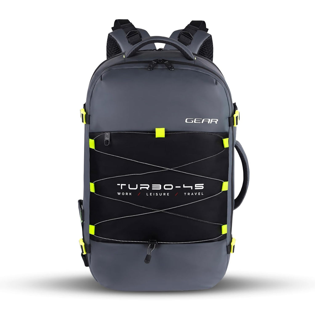 Gear Turbo 21"/45L  Anti theft Laptop Backpack with Raincover | Backpack |Briefcase | Travel Bag For Men/Women (Black - Grey)