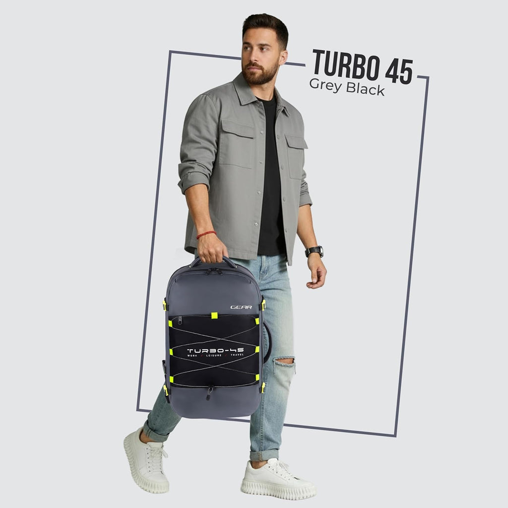 Gear Turbo 21"/45L  Anti theft Laptop Backpack with Raincover | Backpack |Briefcase | Travel Bag For Men/Women (Black - Grey)