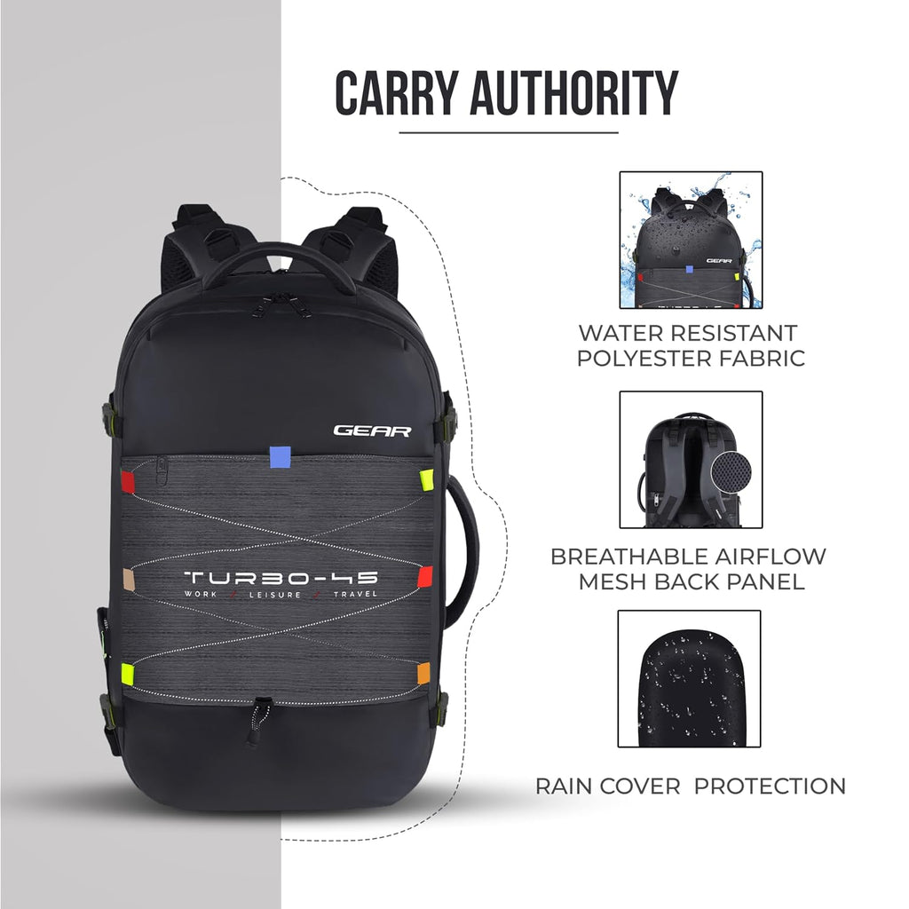 Gear Turbo 21"/45L Large Anti theft Laptop Backpack with Raincover | Backpack | Briefcase | Travel Bag For Men/Women (Black - Grey)
