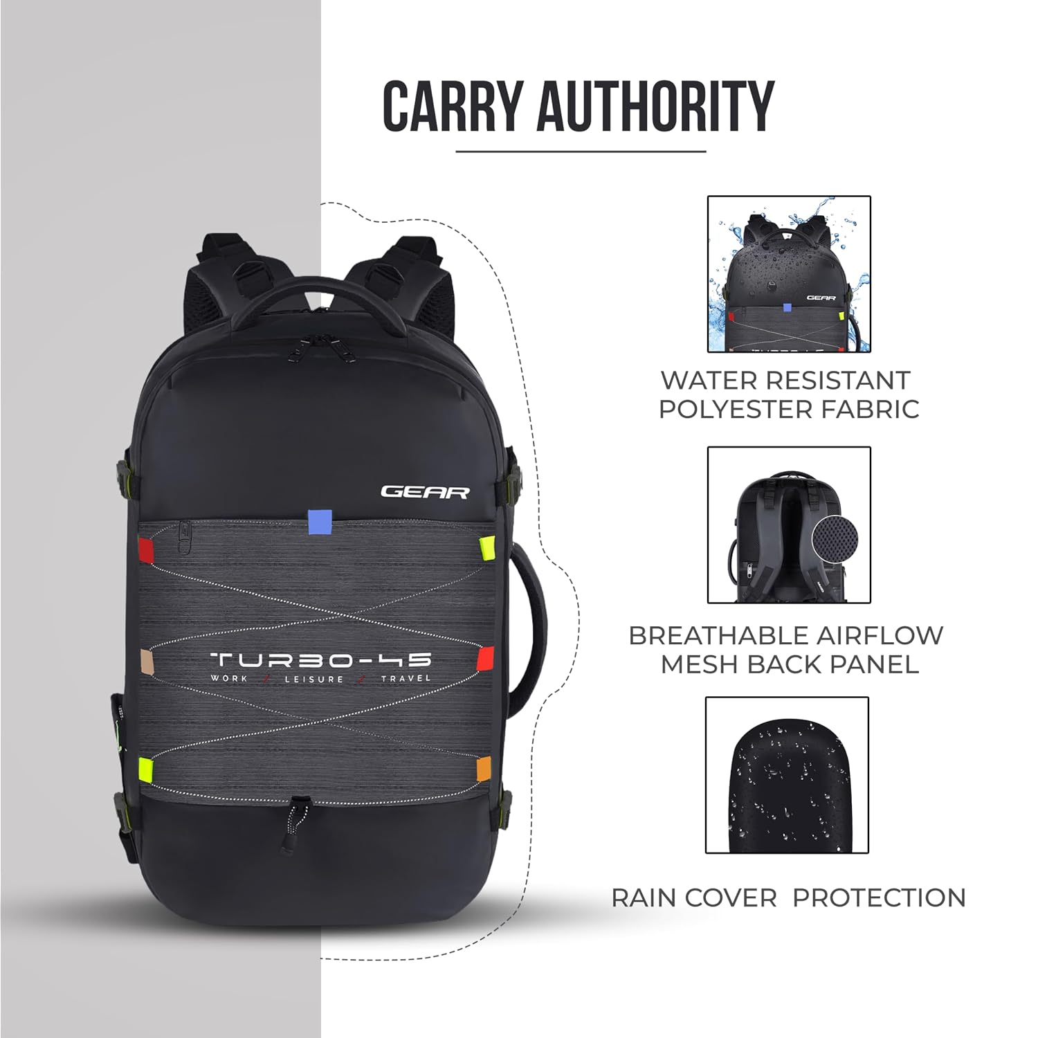 Gear Turbo 21"/45L Large Anti theft Laptop Backpack with Raincover | Backpack | Briefcase | Travel Bag For Men/Women (Black - Grey)