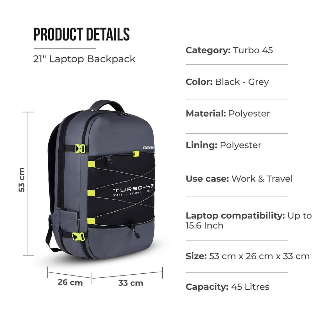 Gear Turbo 21"/45L  Anti theft Laptop Backpack with Raincover | Backpack |Briefcase | Travel Bag For Men/Women (Black - Grey)
