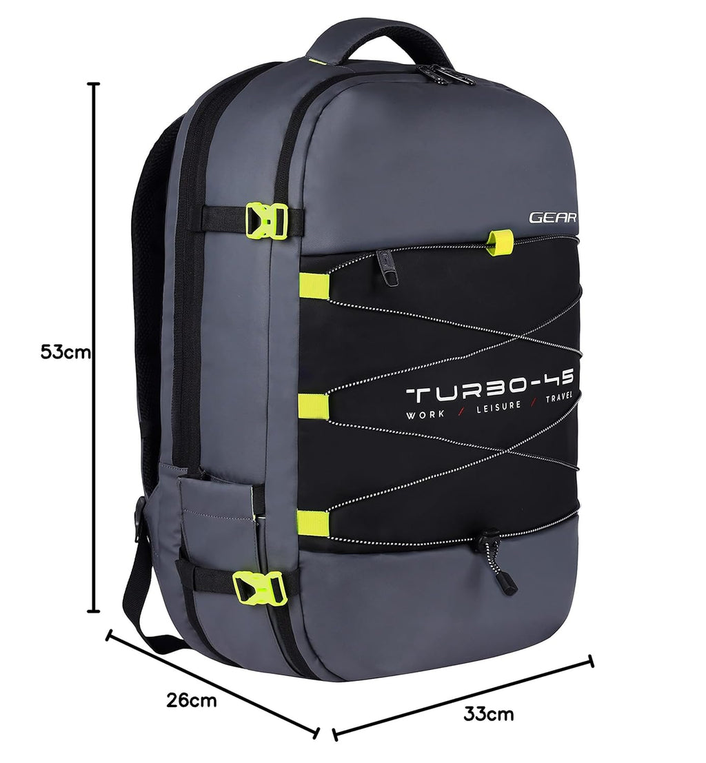 Gear Turbo 21"/45L  Anti theft Laptop Backpack with Raincover | Backpack |Briefcase | Travel Bag For Men/Women (Black - Grey)
