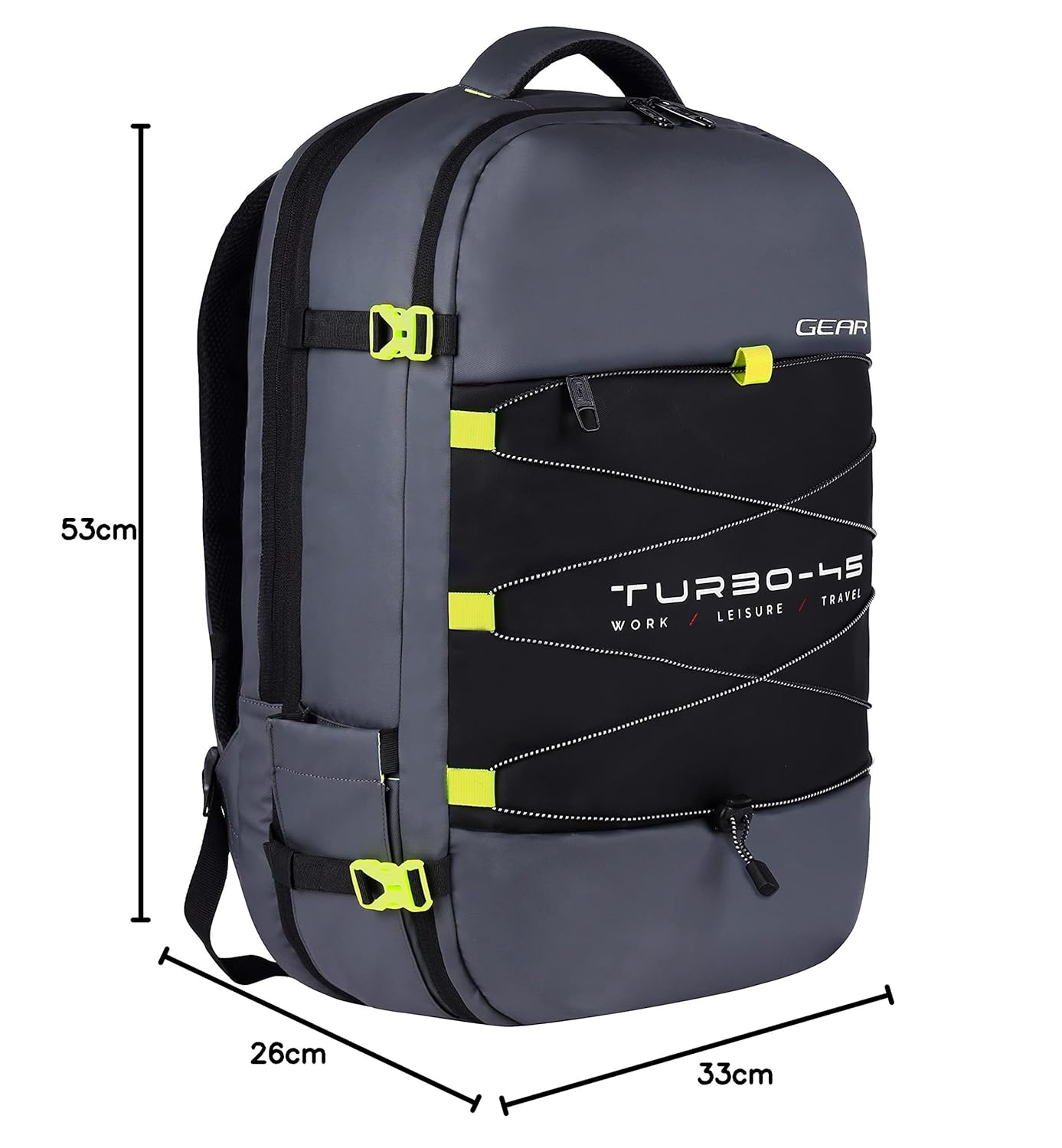 Gear Turbo 21"/45L  Anti theft Laptop Backpack with Raincover | Backpack |Briefcase | Travel Bag For Men/Women (Black - Grey)