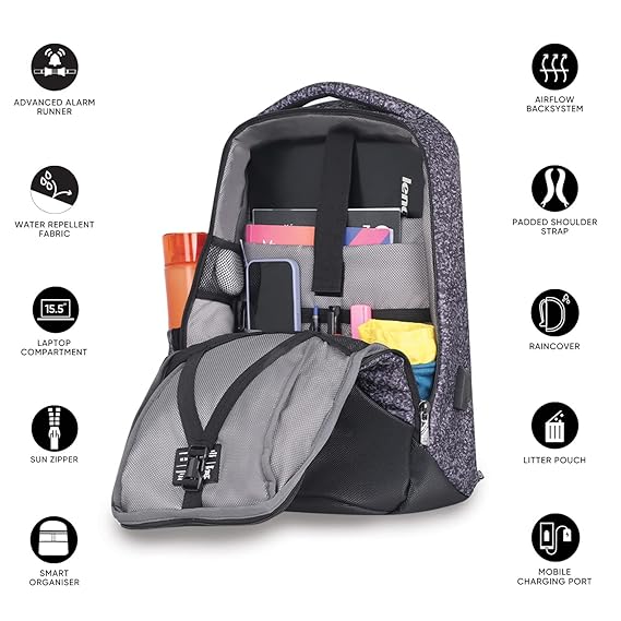 Arctic Fox Alarm Zipper System | Anti-Theft Backpack with USB Charging Port | 15.5 Inch Laptop Bag (Glitch Black-35L)