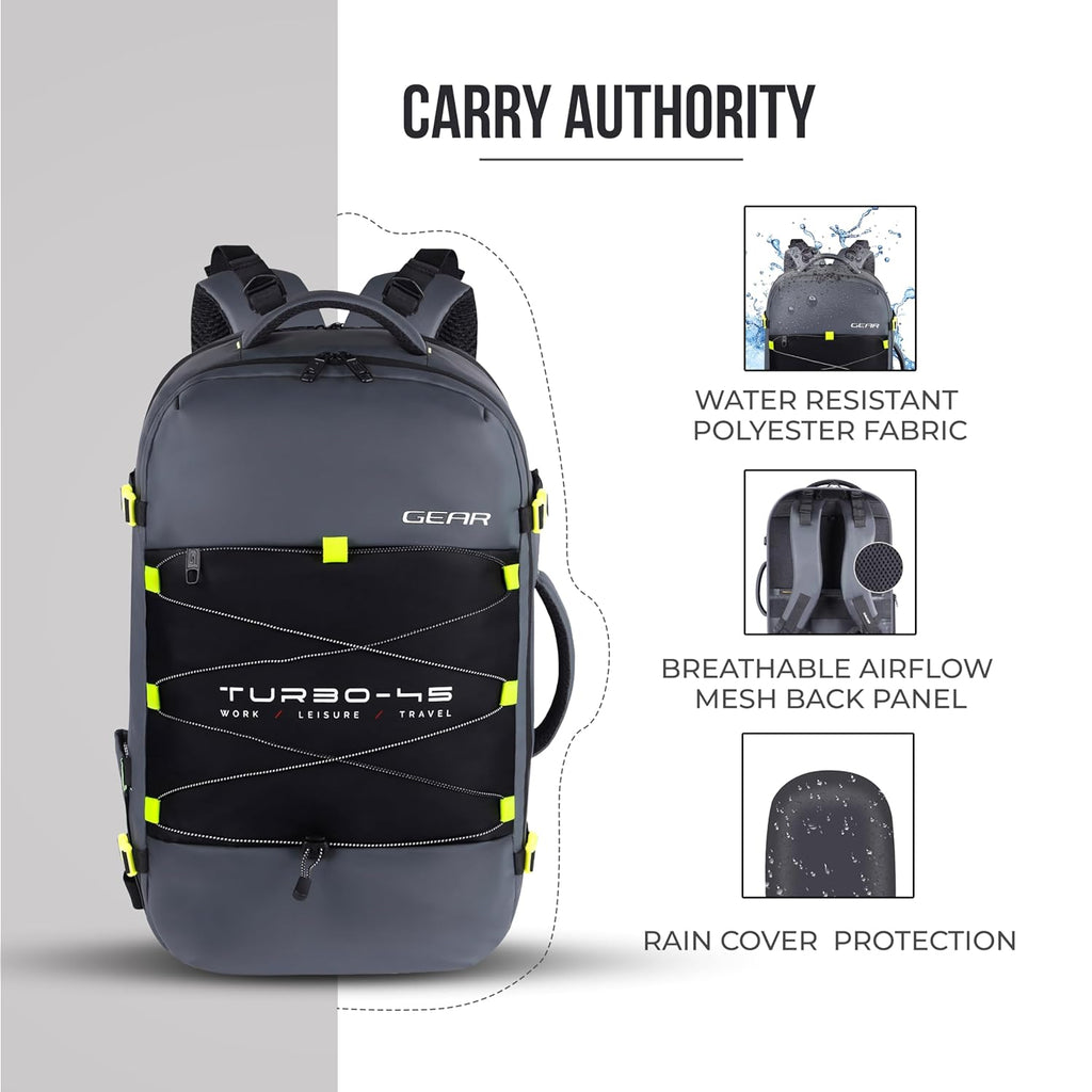 Gear Turbo 21"/45L  Anti theft Laptop Backpack with Raincover | Backpack |Briefcase | Travel Bag For Men/Women (Black - Grey)