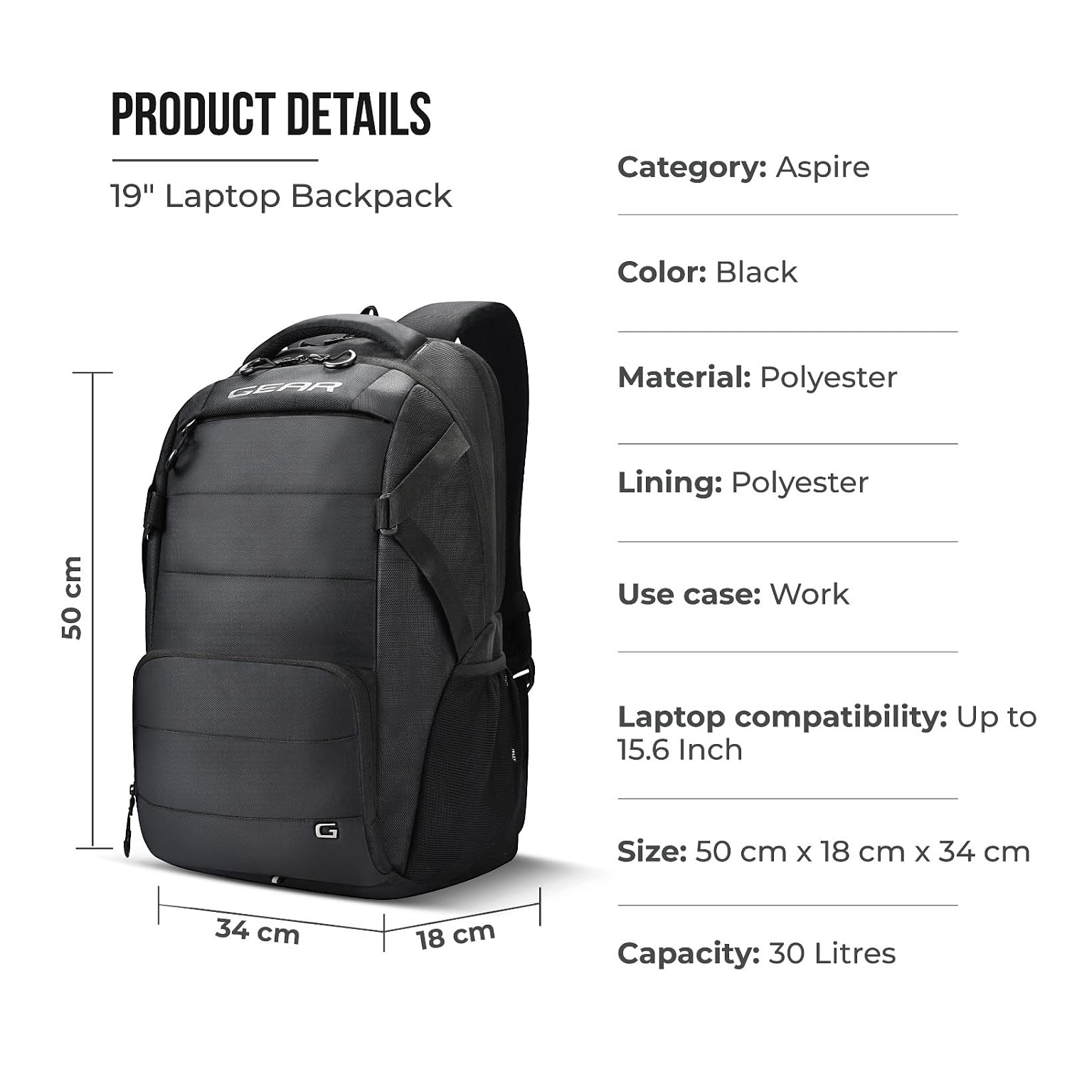 Gear Aspire 19”/30L Laptop Backpack | Casual Backpack | Travel Backpack | College Bag For Men/Women (Black)
