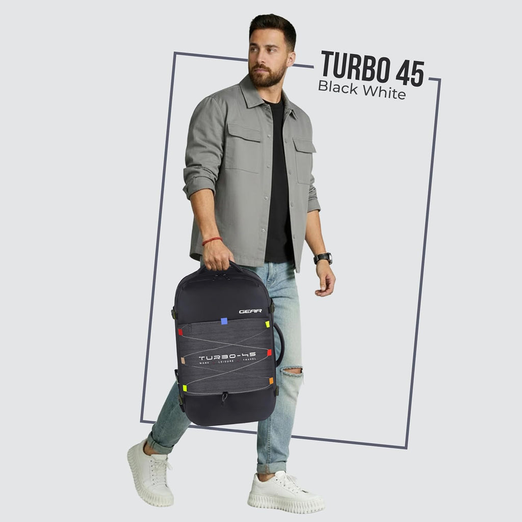 Gear Turbo 21"/45L Large Anti theft Laptop Backpack with Raincover | Backpack | Briefcase | Travel Bag For Men/Women (Black - Grey)